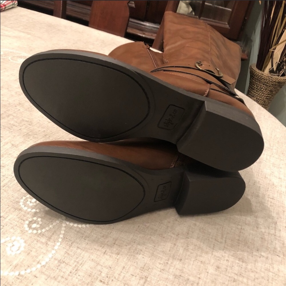 Brown Tall Vegan Leather Riding Boots w Buckle - Picture 8 of 8